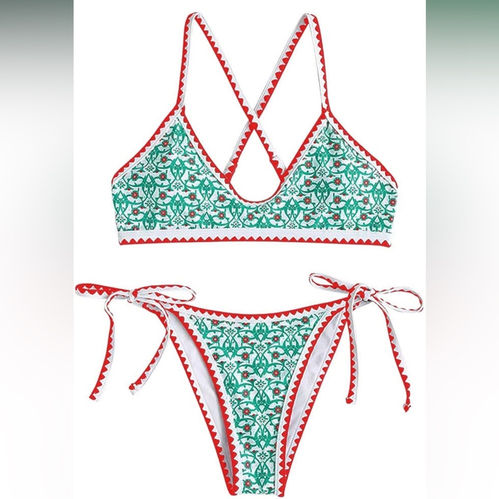 ZAFUL Bohemian Cross Back Bikini Set Whip Stitch Spaghetti Strap Swimsuit nwt